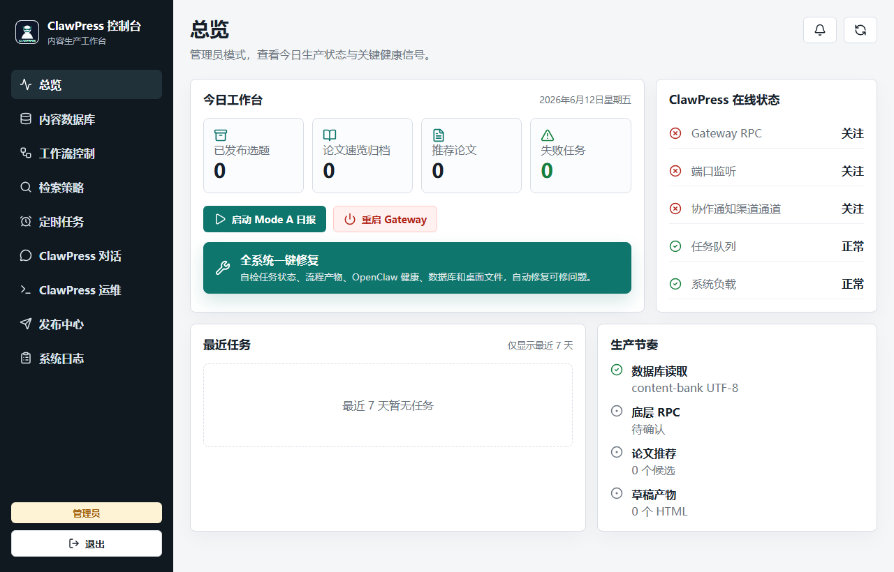 ClawPress Ops Console 公开仓库脱敏总览截图